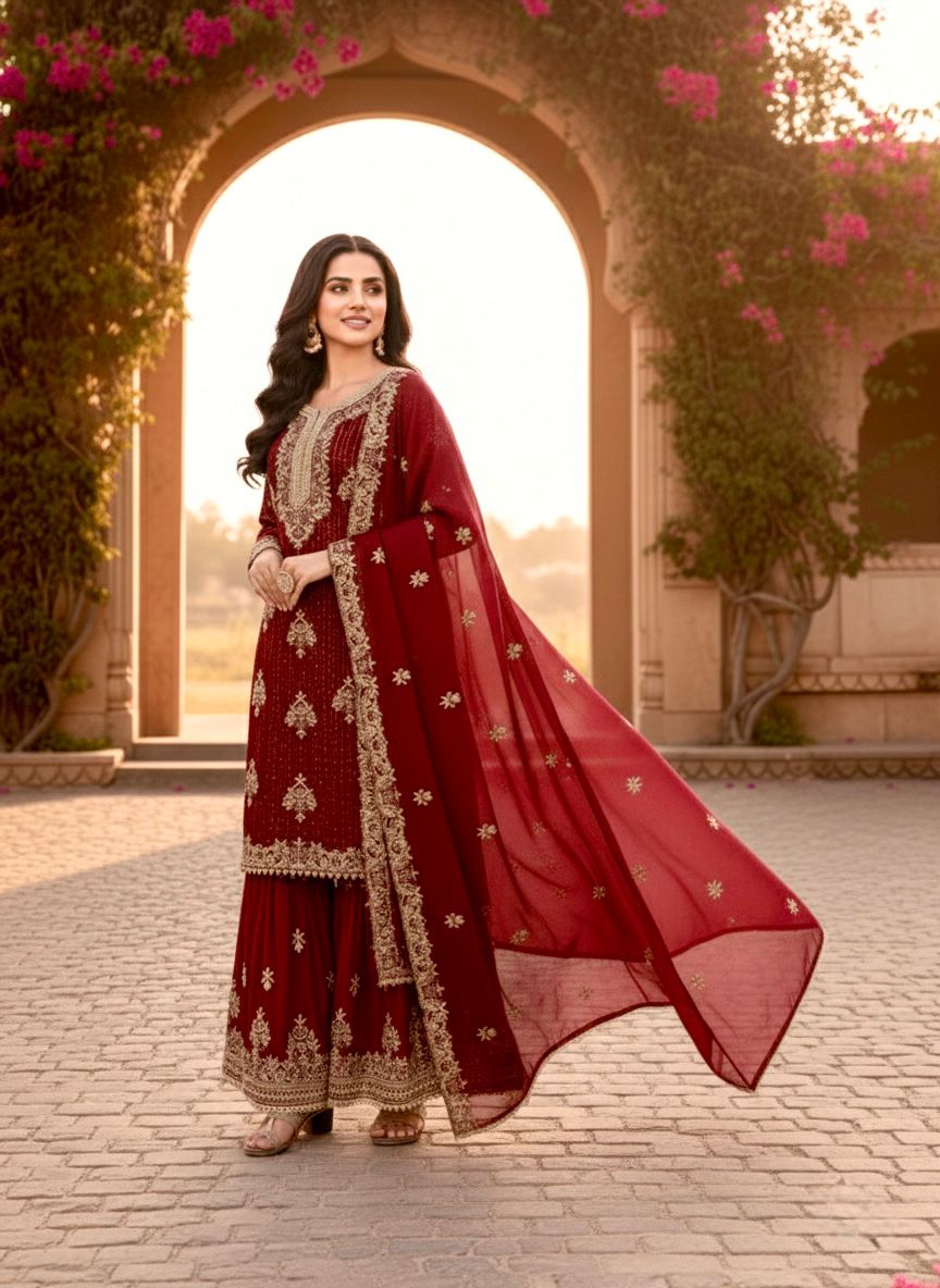 Red Pure Organza Silk Embroidery Cut Work Salwar Suit - Image 2