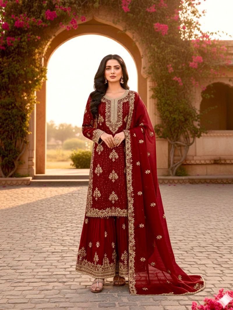 Red Pure Organza Silk Embroidery Cut Work Salwar Suit