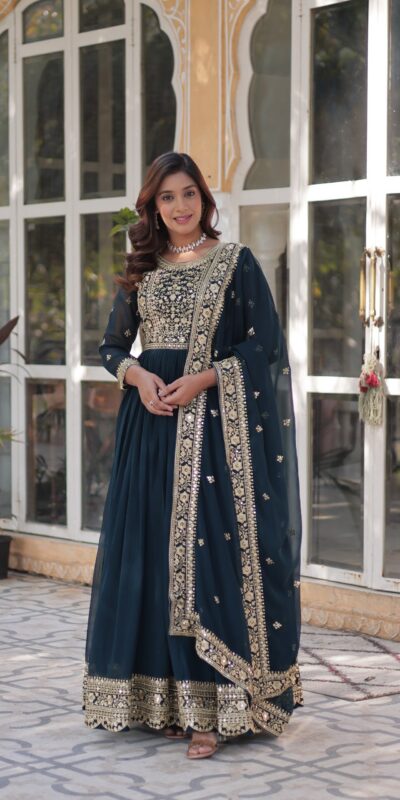 Teal Faux Blooming Embroidery Zari Work Gown