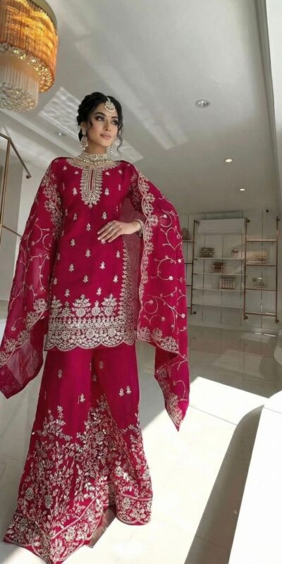 Red Organza Silk Embroidery Lace Work Salwar Suit