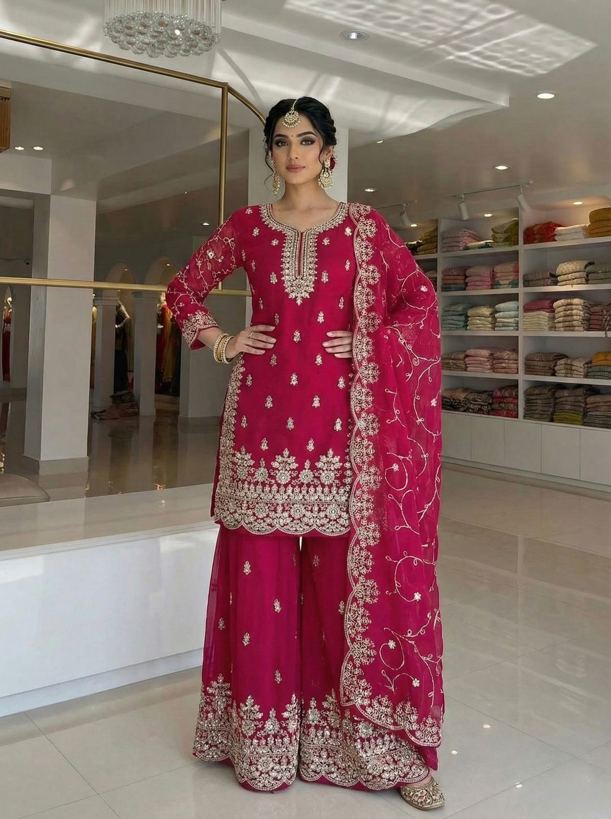 Red Organza Silk Embroidery Lace Work Salwar Suit - Image 3