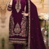 Wine Velvet Embroidery Lace Work Salwar Suit