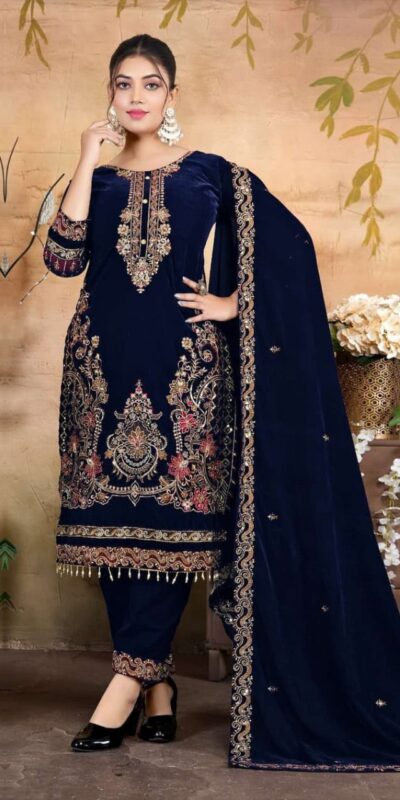Navy Blue Velvet Embroidery Lace Work Salwar Suit