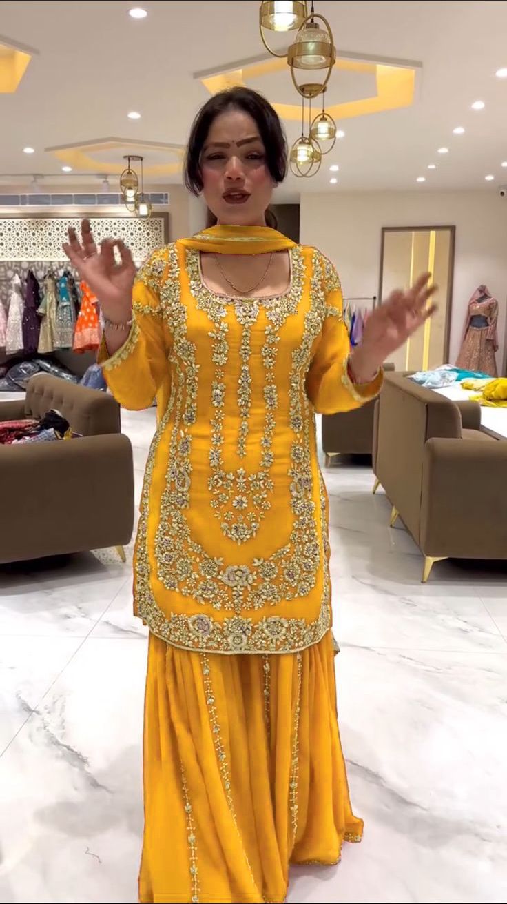 Yellow Faux Georgette Lace Work Salwar Suit