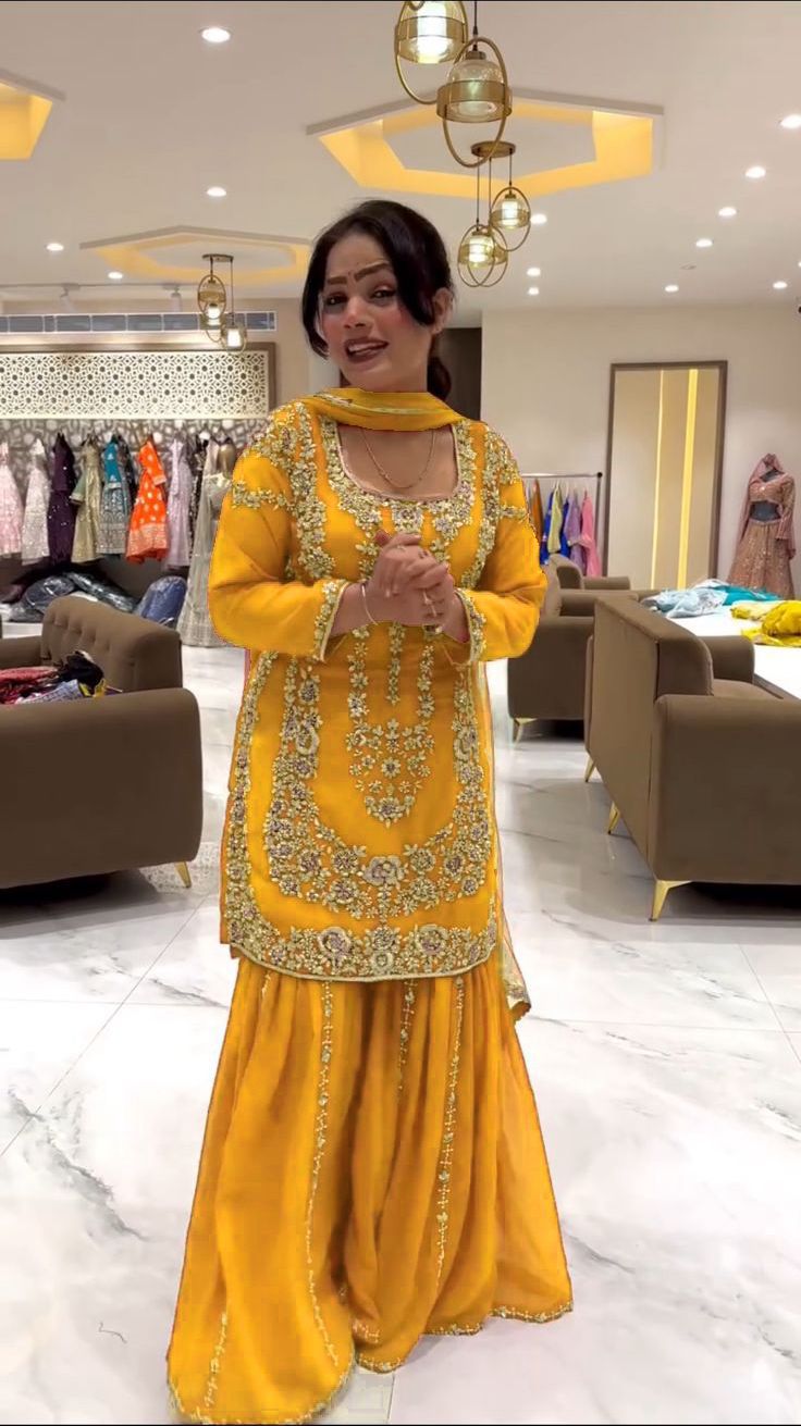 Yellow Faux Georgette Lace Work Salwar Suit - Image 2