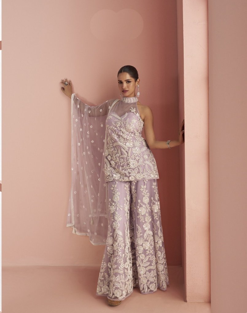 Lavender Heavy Net Sequence Work Salwar Suit