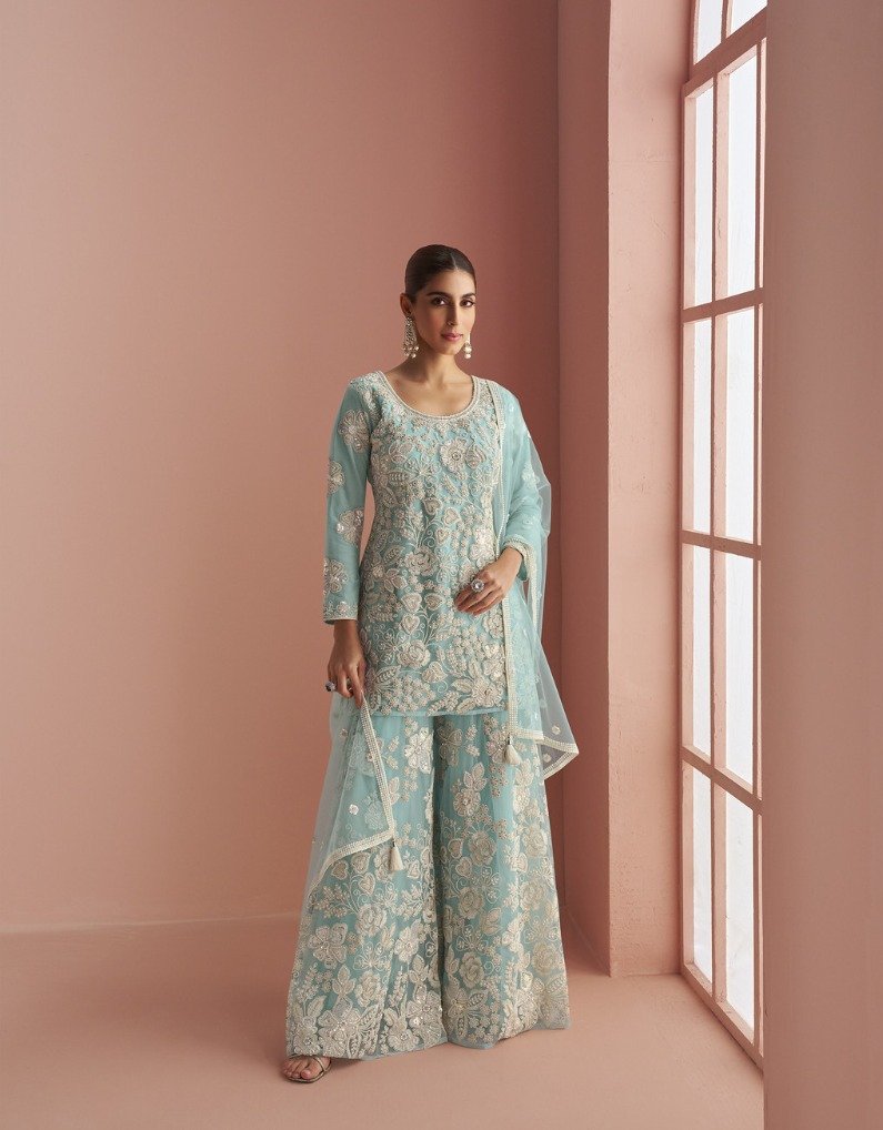 Sky Blue Heavy Net Sequence Work Salwar Suit