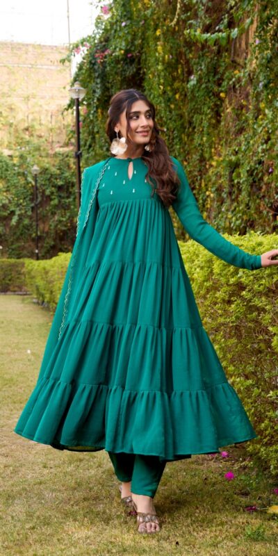 Teal Marbel Foil Work Salwar Suit