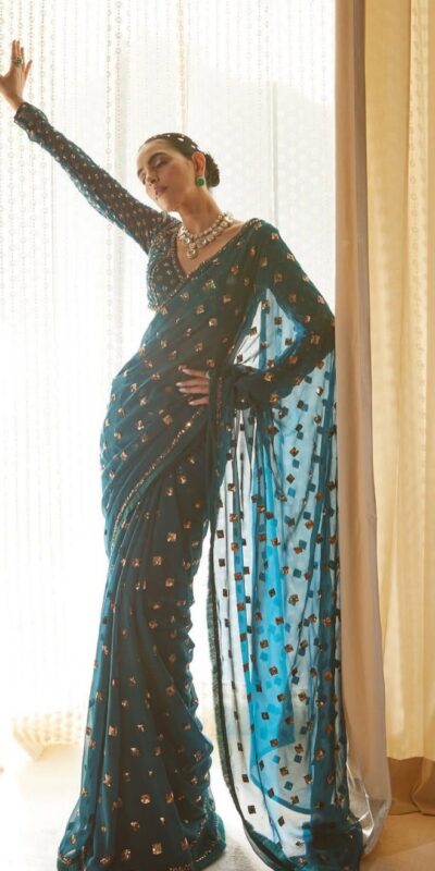 Teal Faux Georgette Embroidery Sequins Work Saree