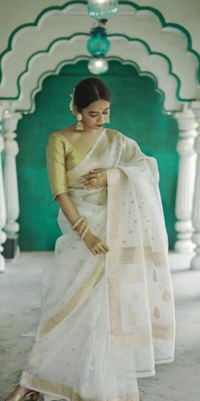 White Soft Lilan Slab Weaving Work Saree
