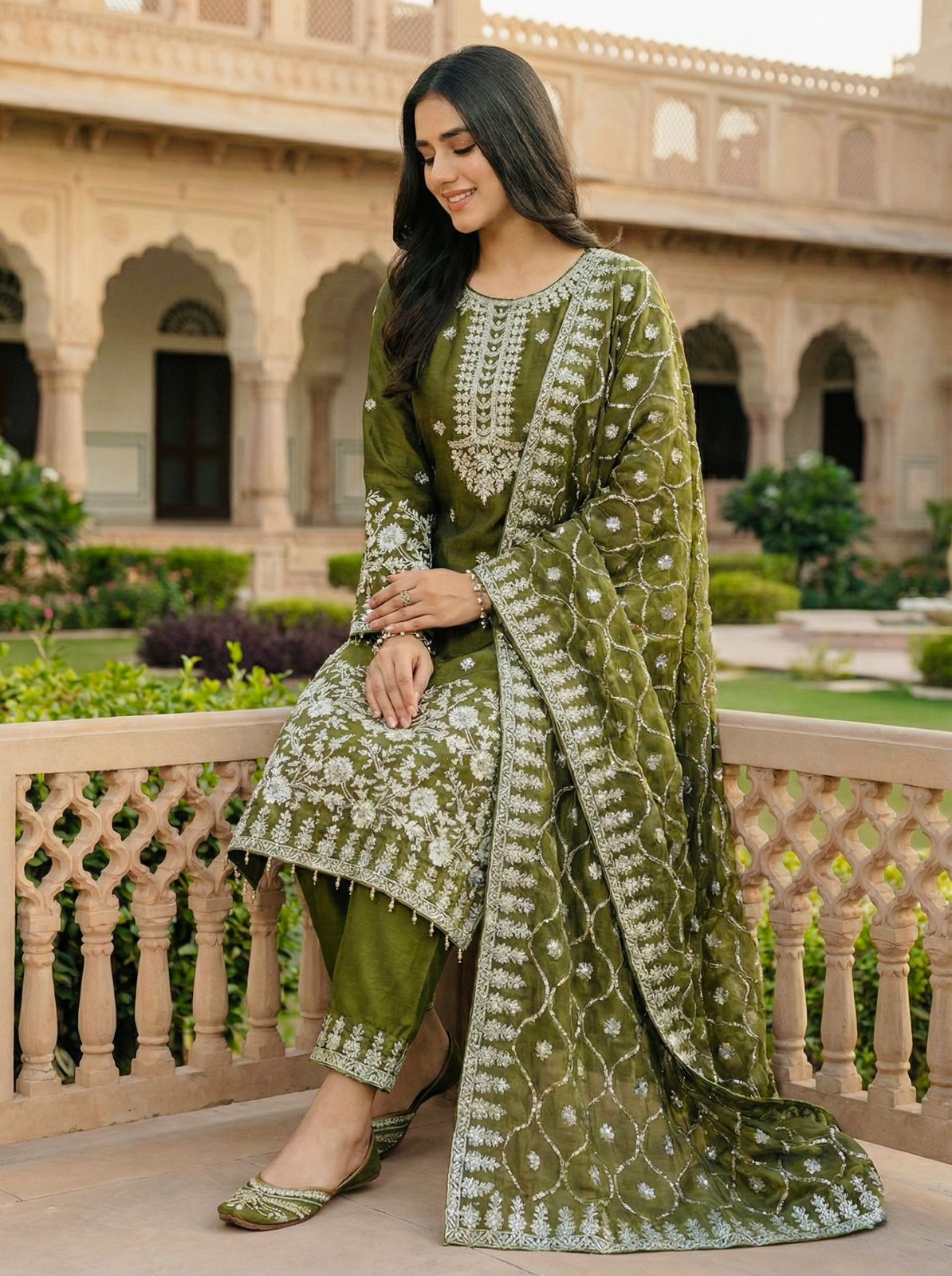 Mahendi Organza Silk Embroidery Lace Work Salwar Suit - Image 5