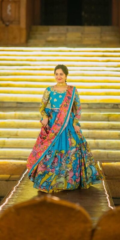 Blue Rayon Cotton Kalamkari Printed Lehenga Choli