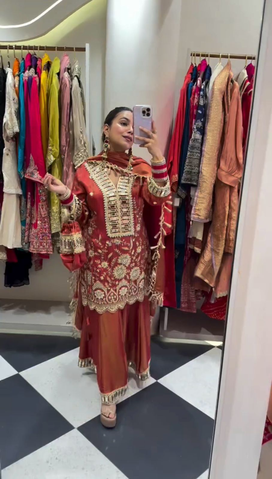 Orange Cosmos Mirror Embroidery Work Salwar Suit