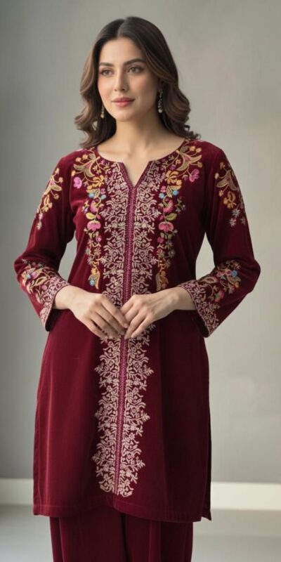 Red Heavy Velvet Embroidery Work Salwar Suit