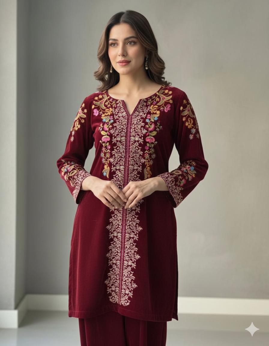 Red Heavy Velvet Embroidery Work Salwar Suit