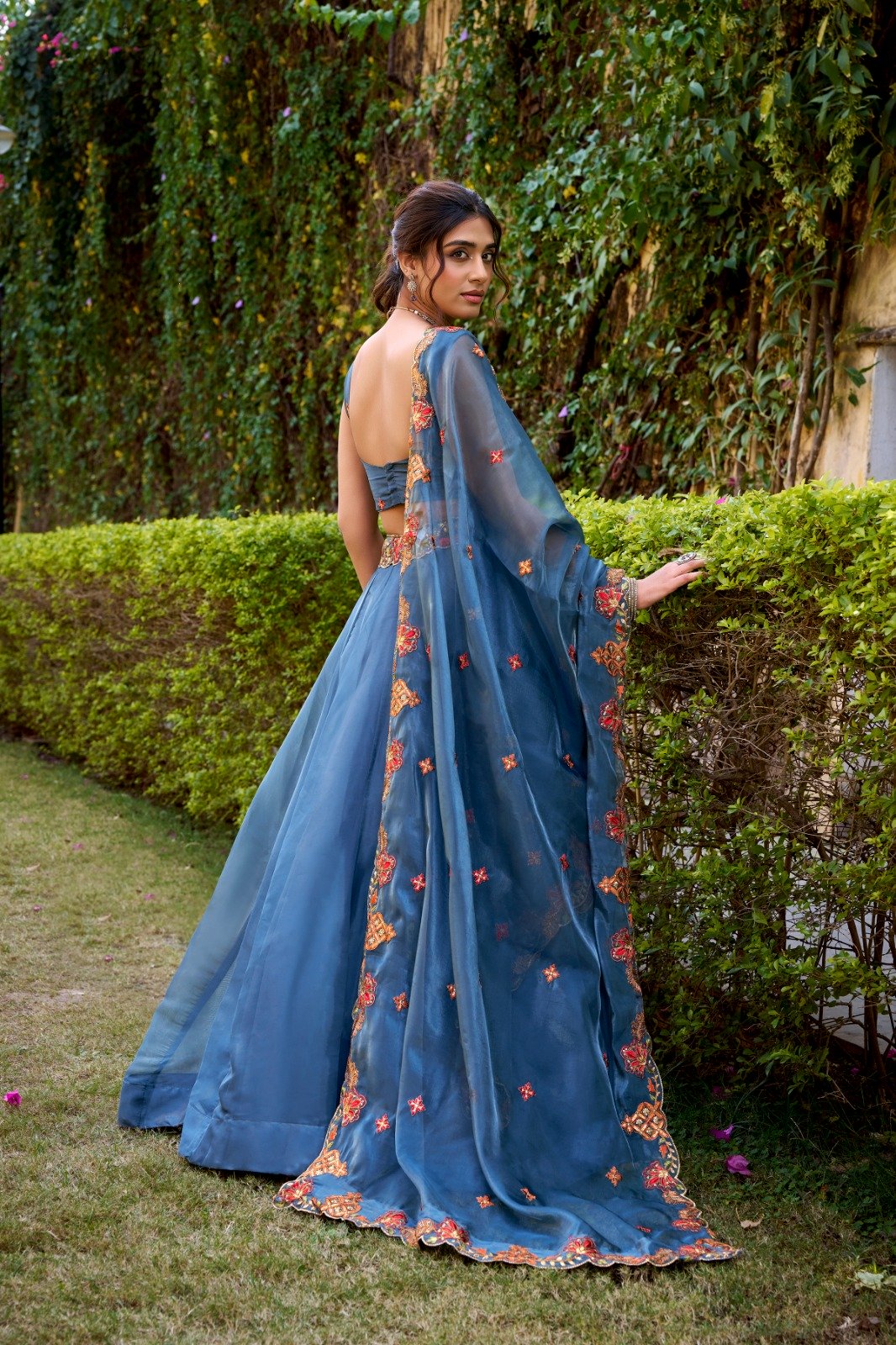 Teal Chanda Silk Sequins Work Lehenga Choli - Image 3