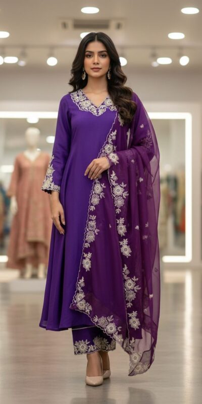 Purple Roman Silk Embroidery Work Salwar Suit