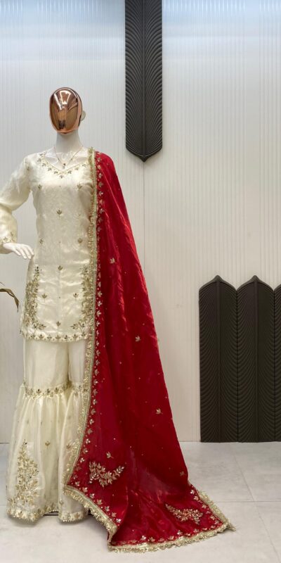 Off White Fandy Mirror Embroidery Work Salwar Suit
