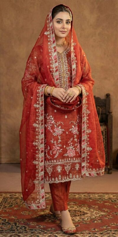 Rust Crunchy Silk Embroidery Lace Work Salwar Suit
