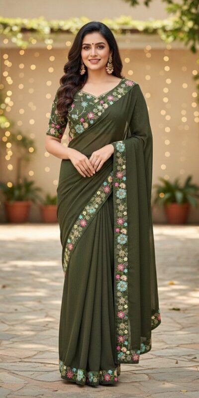 Mahendi Star Georgette Lace Embroidery Work Saree