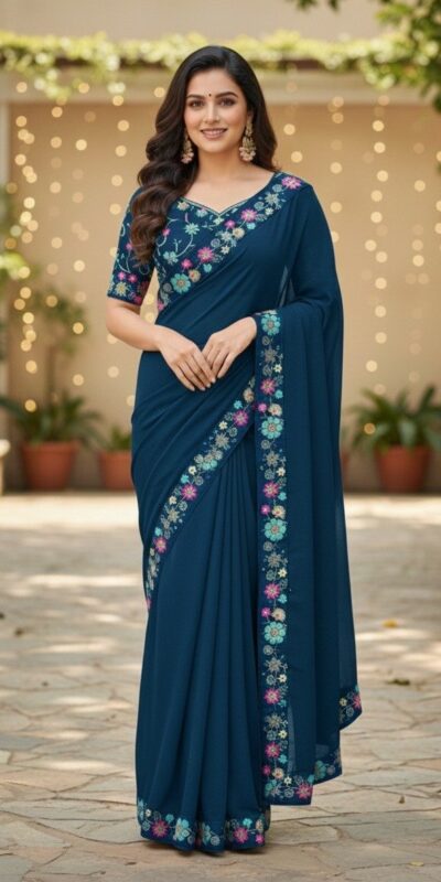 Teal Star Georgette Lace Embroidery Work Saree