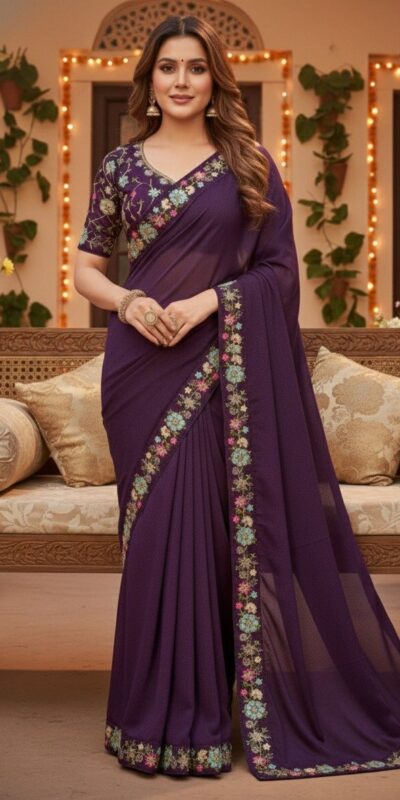 Wine Star Georgette Lace Embroidery Work Saree