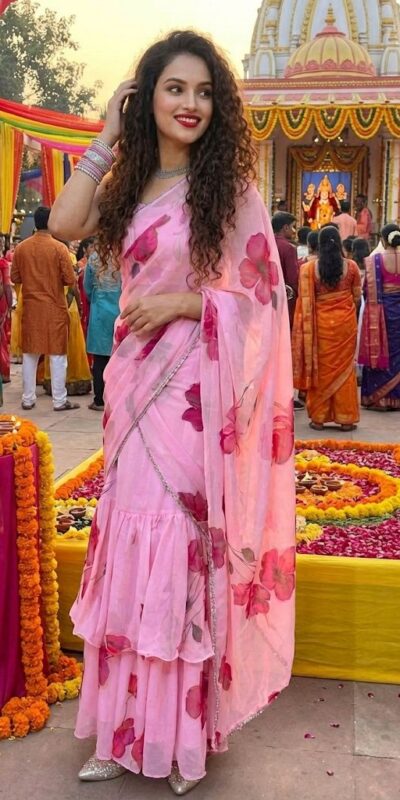 Baby Pink Premium Faux Georgette Saree BD 1805 Baby Pink with Digital Print. Now at just ₹2049. Delivery 4-6 Working Days. Shop now. | Designer Sarees, Embroidered Sarees, Sarees, Bollywood Sarees, Creative Sarees, Ethnic Saree, Modern Digital sarees, Party Wear Sarees