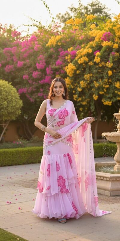 Baby Pink Premium Faux Georgette Saree BD 1805 Baby Pink with Digital Print. Now at just ₹2049. Delivery 4-6 Working Days. Shop now. | Designer Sarees, Embroidered Sarees, Sarees, Bollywood Sarees, Creative Sarees, Ethnic Saree, Modern Digital sarees, Party Wear Sarees