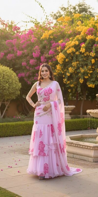 Baby Pink Premium Faux Georgette Saree BD 1805 Baby Pink with Digital Print. Now at just ₹2049. Delivery 4-6 Working Days. Shop now. | Designer Sarees, Embroidered Sarees, Sarees, Bollywood Sarees, Creative Sarees, Ethnic Saree, Modern Digital sarees, Party Wear Sarees