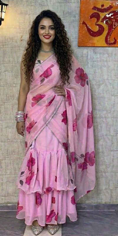 Baby Pink Premium Faux Georgette Saree BD 1805 Baby Pink with Digital Print. Now at just ₹2049. Delivery 4-6 Working Days. Shop now. | Designer Sarees, Embroidered Sarees, Sarees, Bollywood Sarees, Creative Sarees, Ethnic Saree, Modern Digital sarees, Party Wear Sarees