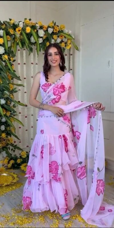 Baby Pink Premium Faux Georgette Saree BD 1805 Baby Pink with Digital Print. Now at just ₹2049. Delivery 4-6 Working Days. Shop now. | Designer Sarees, Embroidered Sarees, Sarees, Bollywood Sarees, Creative Sarees, Ethnic Saree, Modern Digital sarees, Party Wear Sarees