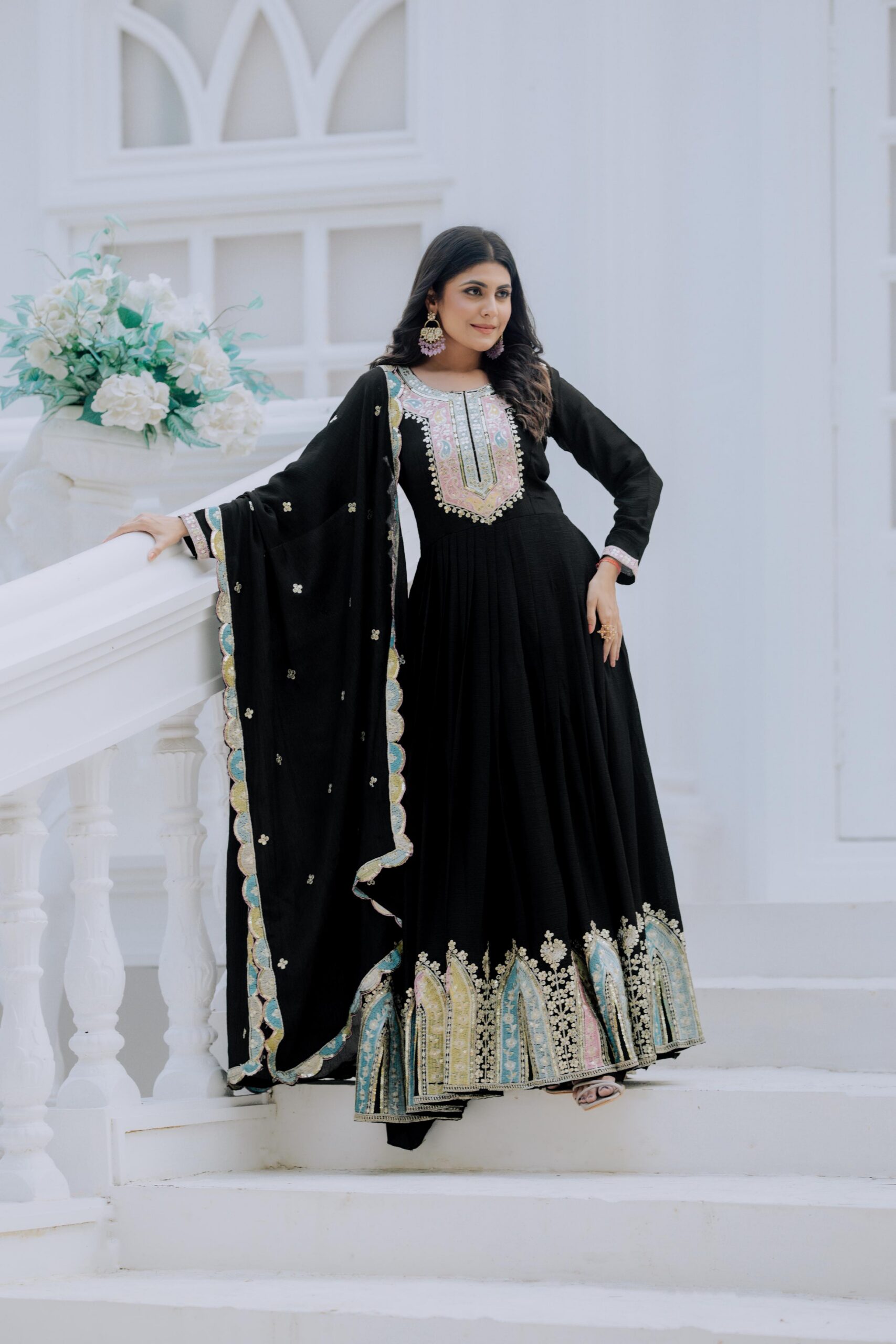 Black Chinon Silk Embroidery Work Salwar Suit - Image 5