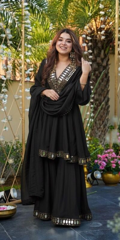Black Cosmos Mirror Lace Work Salwar Suit