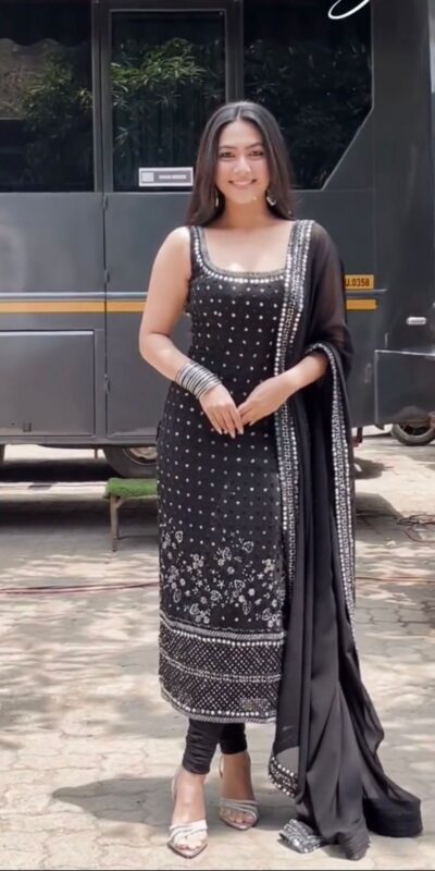 Black Foux Gorgette Mirror Work Salwar Suit