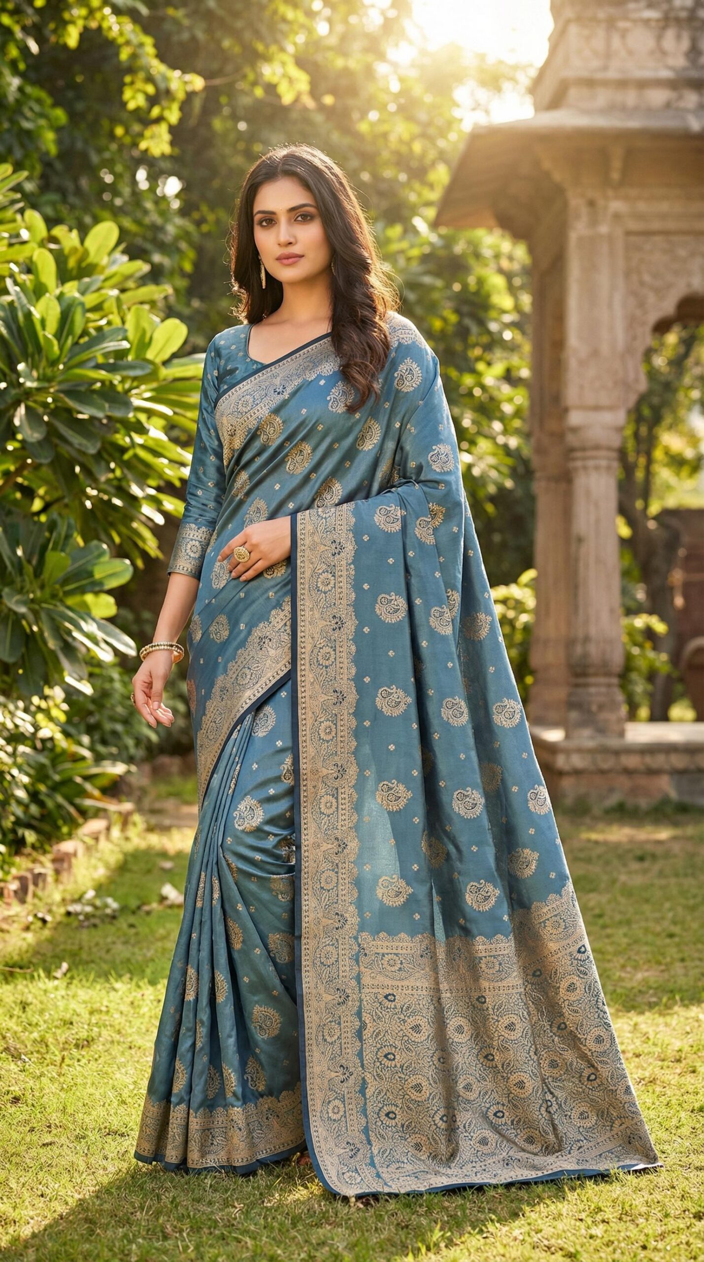 Blue Satin Silk Lace Zari Work Saree