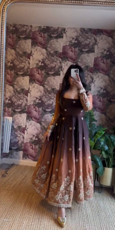 Brown Chinon Silk Thread Work Salwar Suit