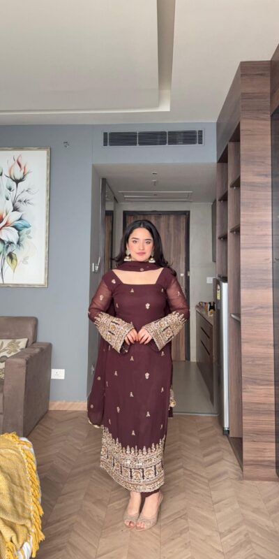 ZSR 3156 Brown Georgette Salwar Suit with Embroidery Work. Wedding, Party, Festive, Events, Grab it for ₹2049. Delivery 4-6 Working Days. Shop now. | Jump Suits, Tops & Bottoms, Track Suits, Salwar suit, Casual Suits, Creative suits, Designer Suits, Palazzo Suits, Party Wear Suits, Patiala Suits, Straight Suits, Trendy Wear