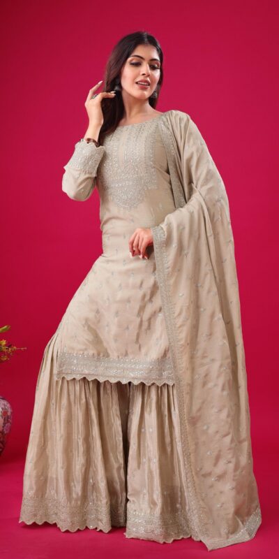 ZF 5006 Cream Color Chinon Silk Sequence Work Salwar Suit Casual, Wedding, Festive, Events . Expected Delivery 4-6 Working Days @2149/- only | Jump Suits, Salwar suit, Casual Suits, Creative suits, Designer Suits, Palazzo Suits, Party Wear Suits, Patiala Suits, Straight Suits