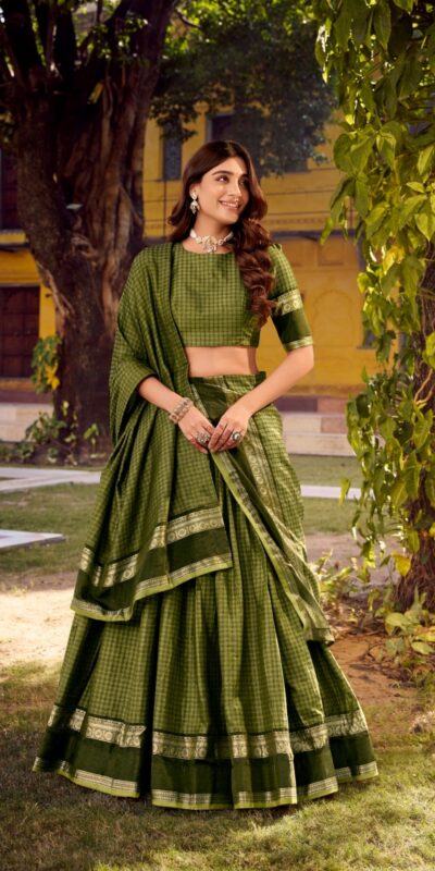 LNB 1900 Mahendi Color Chettinad Cotton Chex Zari Work Lehenga Choli . Now at just ₹3249. Delivery 4-6 Working Days. Shop now. | Lehenga, Bollywood Lehenga, Creative Lehenga, Designer Lehenga, Embroidered Lehenga, Party Wear Lehenga