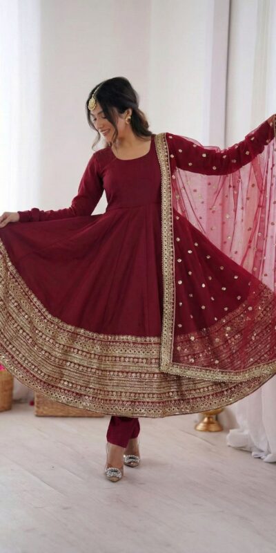 ZSR 3154 Maroon Roman Silk Gown with Embroidery Work & Lace Work. Grab it for ₹2449. Delivery 4-6 Working Days. Shop now. | Gowns, Bollywood Gowns, Creative Gowns, Designer Gowns, Embroidered Gowns, Party Wear Gowns