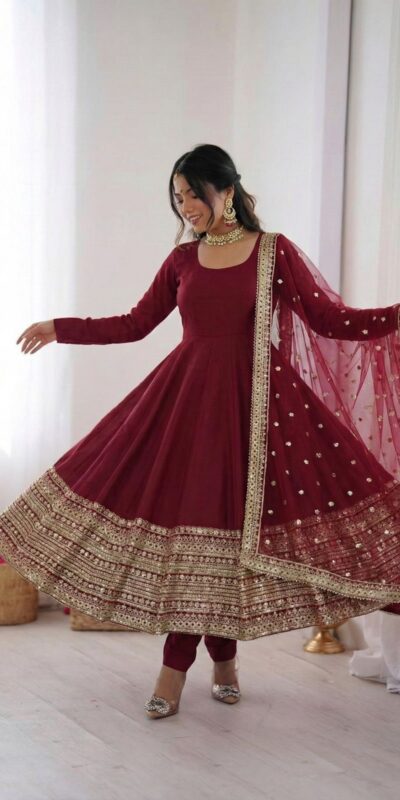 ZSR 3154 Maroon Roman Silk Gown with Embroidery Work & Lace Work. Grab it for ₹2449. Delivery 4-6 Working Days. Shop now. | Gowns, Bollywood Gowns, Creative Gowns, Designer Gowns, Embroidered Gowns, Party Wear Gowns