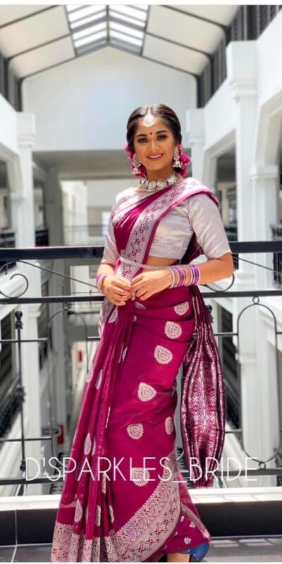 Maroon Soft Lichi Silk Lace Work Border Saree