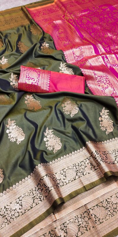 Mehendi Banarasi Silk Zari Lace Work All Over Saree