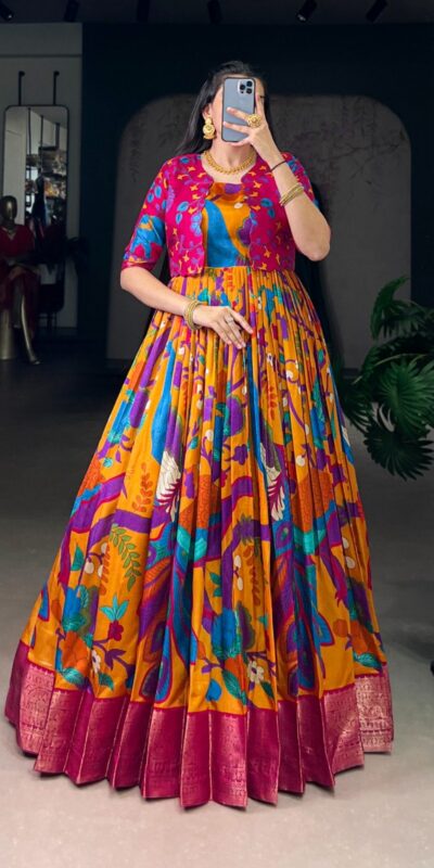 YNF 5035 Mustard in Taser Silk Zari Work & Kalamkari Print Gown . Available at ₹1799 only. Delivery 4-6 Working Days. Shop now. | Gowns, Bollywood Gowns, Creative Gowns, Designer Gowns, Embroidered Gowns, Party Wear Gowns