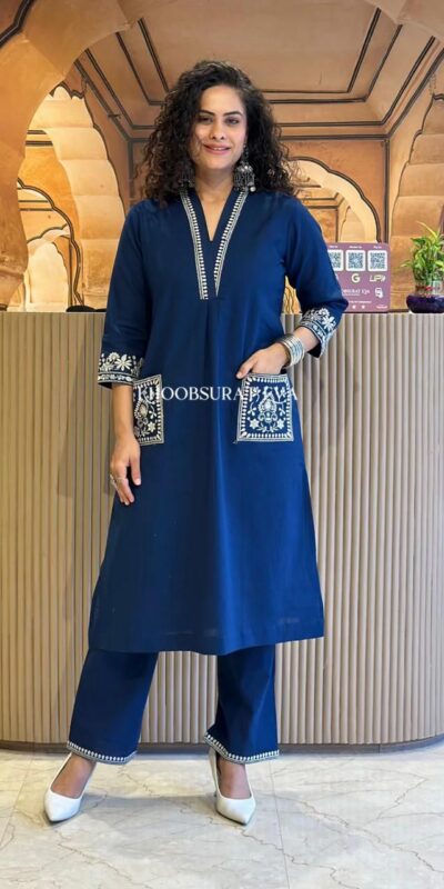 Navy Blue Cambric Cotton Embroidery Lace Work Kurti