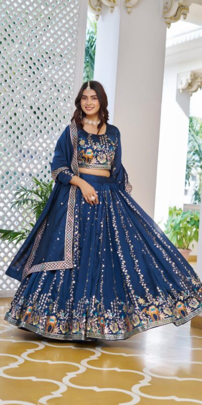 Ram 150 Navy Blue Color Vichitra Lehenga Choli with Embroidery Work. Grab it for ₹3049. Delivery 4-6 Working Days. Shop now. | Lehenga, Bollywood Lehenga, Creative Lehenga, Designer Lehenga, Embroidered Lehenga, Party Wear Lehenga