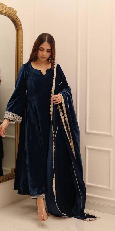 KF 1662 Navy Blue in Color Viscous Velvet Embroidery Work Gown . Exclusive Offer ₹2399. Delivery 4-6 Working Days. Shop now. | Gowns, Bollywood Gowns, Creative Gowns, Designer Gowns, Embroidered Gowns, Party Wear Gowns