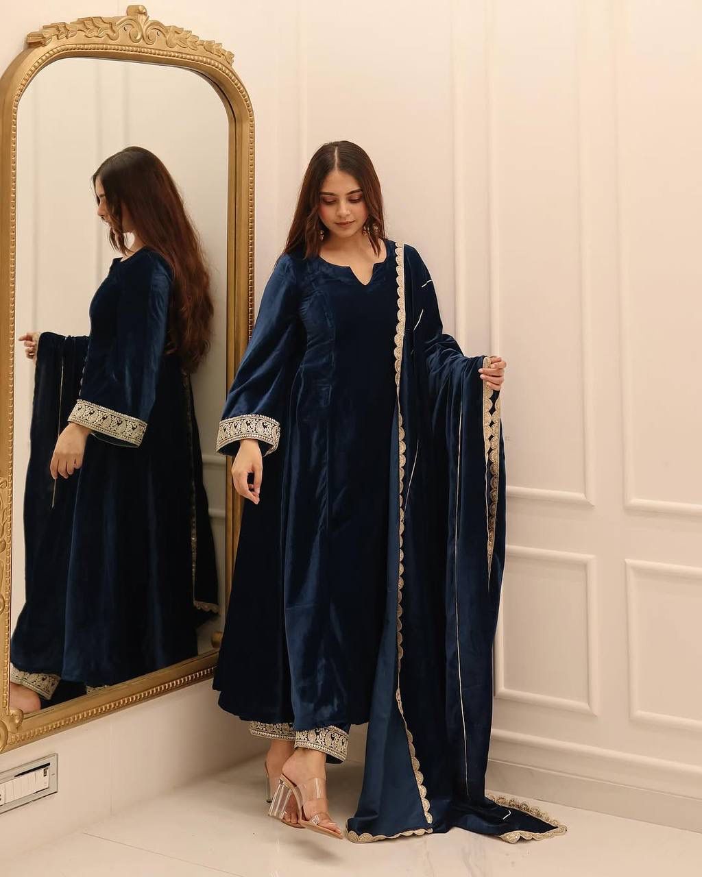 KF 1662 Navy Blue in Color Viscous Velvet Embroidery Work Gown . Exclusive Offer ₹2399. Delivery 4-6 Working Days. Shop now. | Gowns, Bollywood Gowns, Creative Gowns, Designer Gowns, Embroidered Gowns, Party Wear Gowns