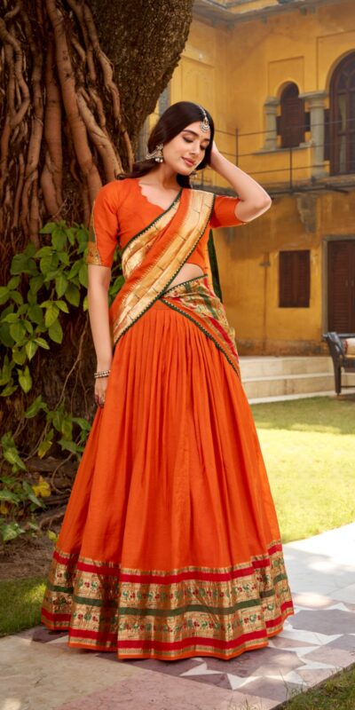 Orange Pure Chanderi Zari Weaving Work Lehenga Choli