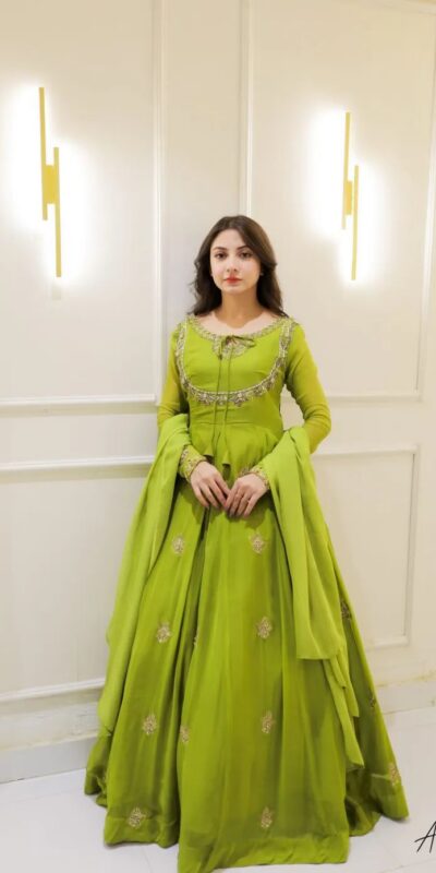 LG 2047 Parrot Green in Color Georgette Embroidery Work Gown . Wedding, Party, Festive, Events Grab it for ₹1949. Delivery 4-6 Working Days. Shop now. | Gowns, Bollywood Gowns, Creative Gowns, Designer Gowns, Embroidered Gowns, Party Wear Gowns
